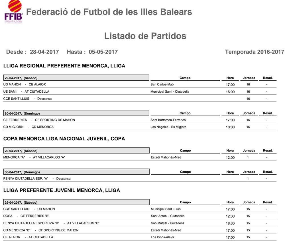 Horaris futbol de Menorca