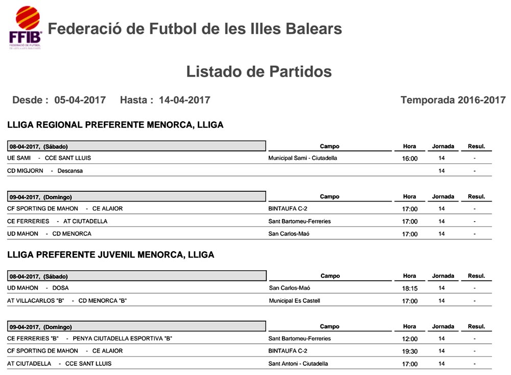 Horaris futbol de Menorca