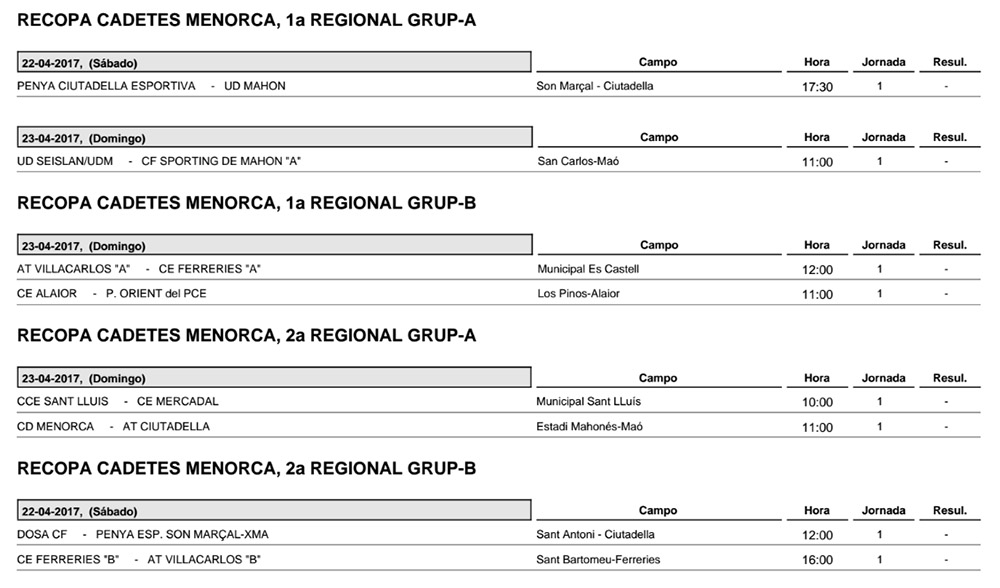Horaris Futbol de Menorca