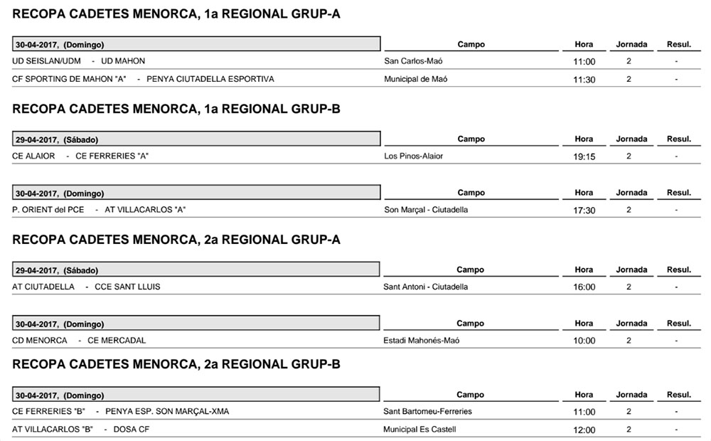 Horaris futbol de Menorca