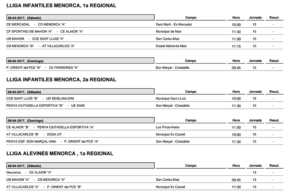 Horaris futbol de Menorca