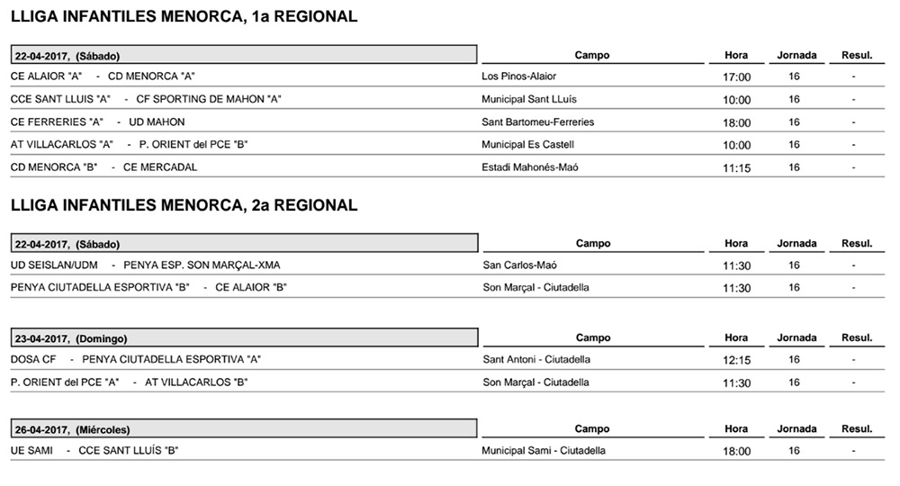 Horaris Futbol de Menorca