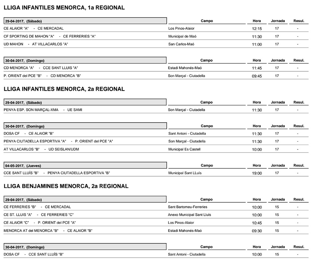 Horaris futbol de Menorca