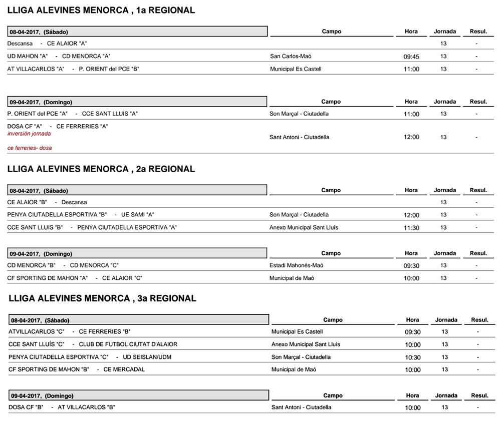 Horaris futbol de Menorca