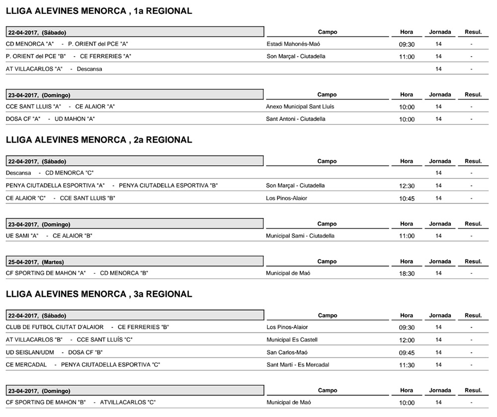 Horaris Futbol de Menorca