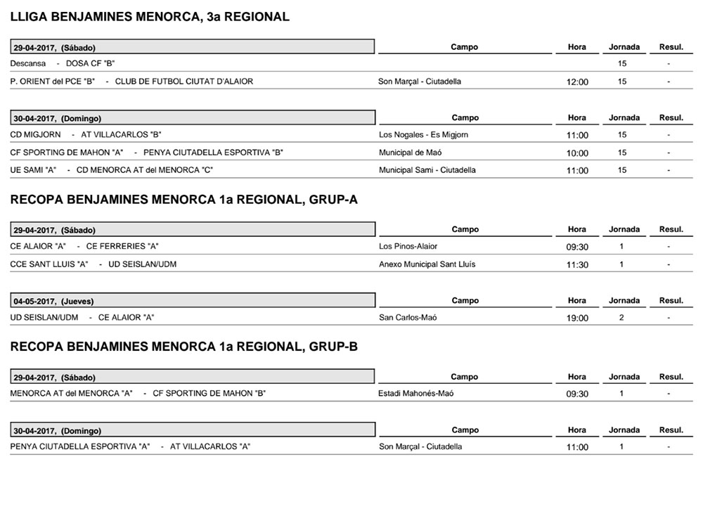 Horaris futbol de Menorca