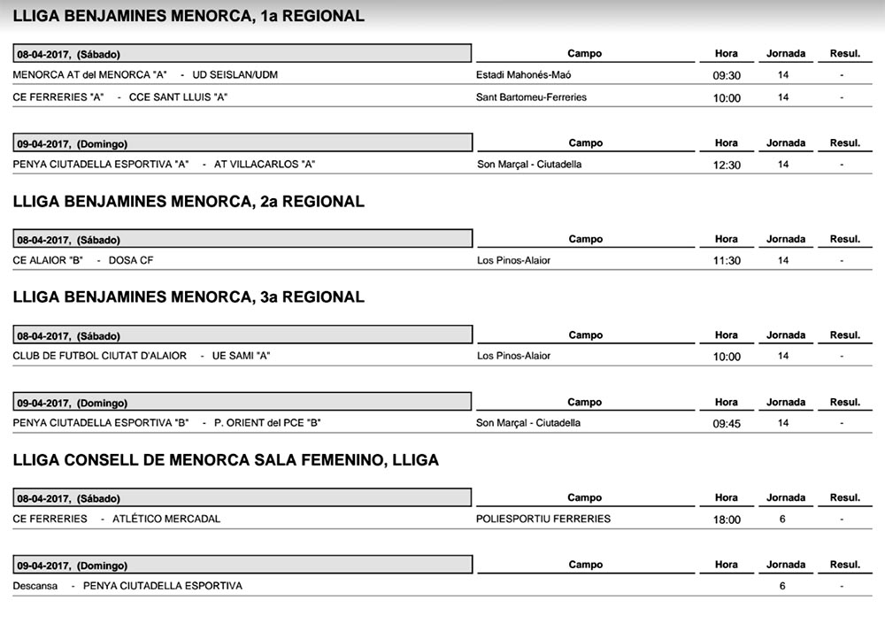 Horaris futbol de Menorca