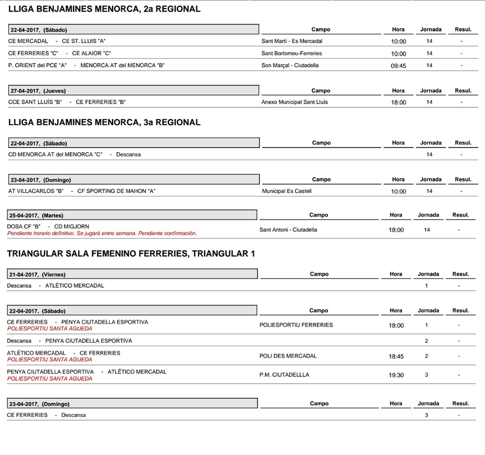 Horaris Futbol de Menorca