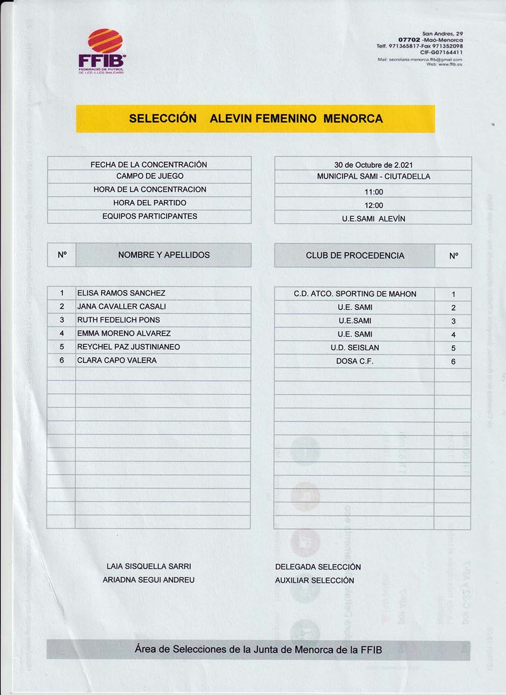 CONVOCATORIA SELECCION ALEVIN FEMENINO 2122