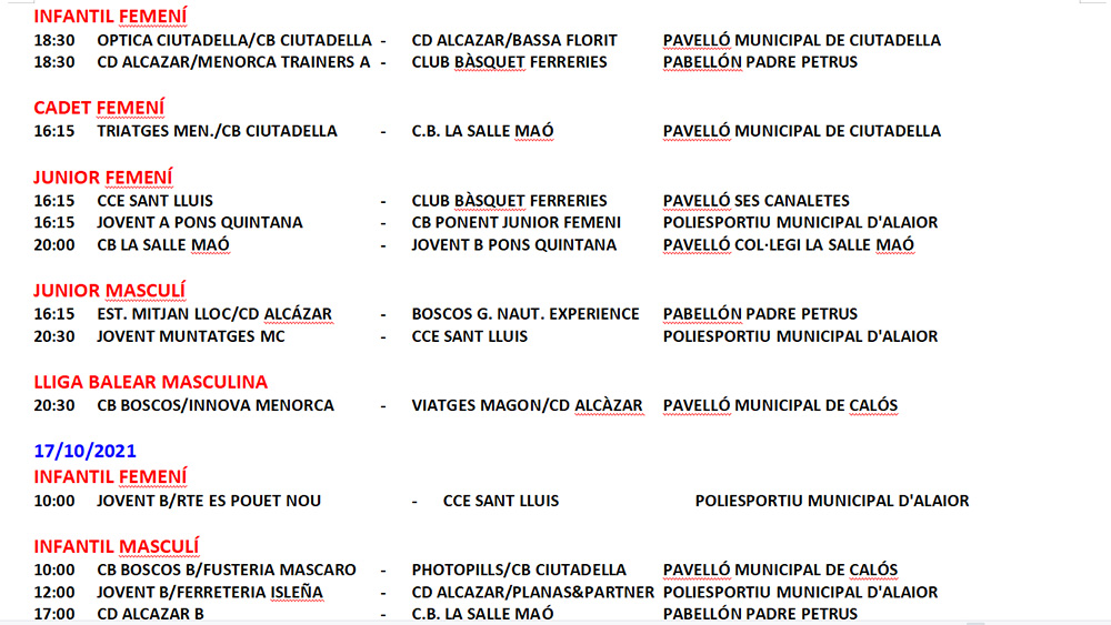 Horarios Bàsquet Menorca