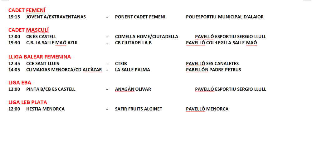 Horarios Bàsquet Menorca