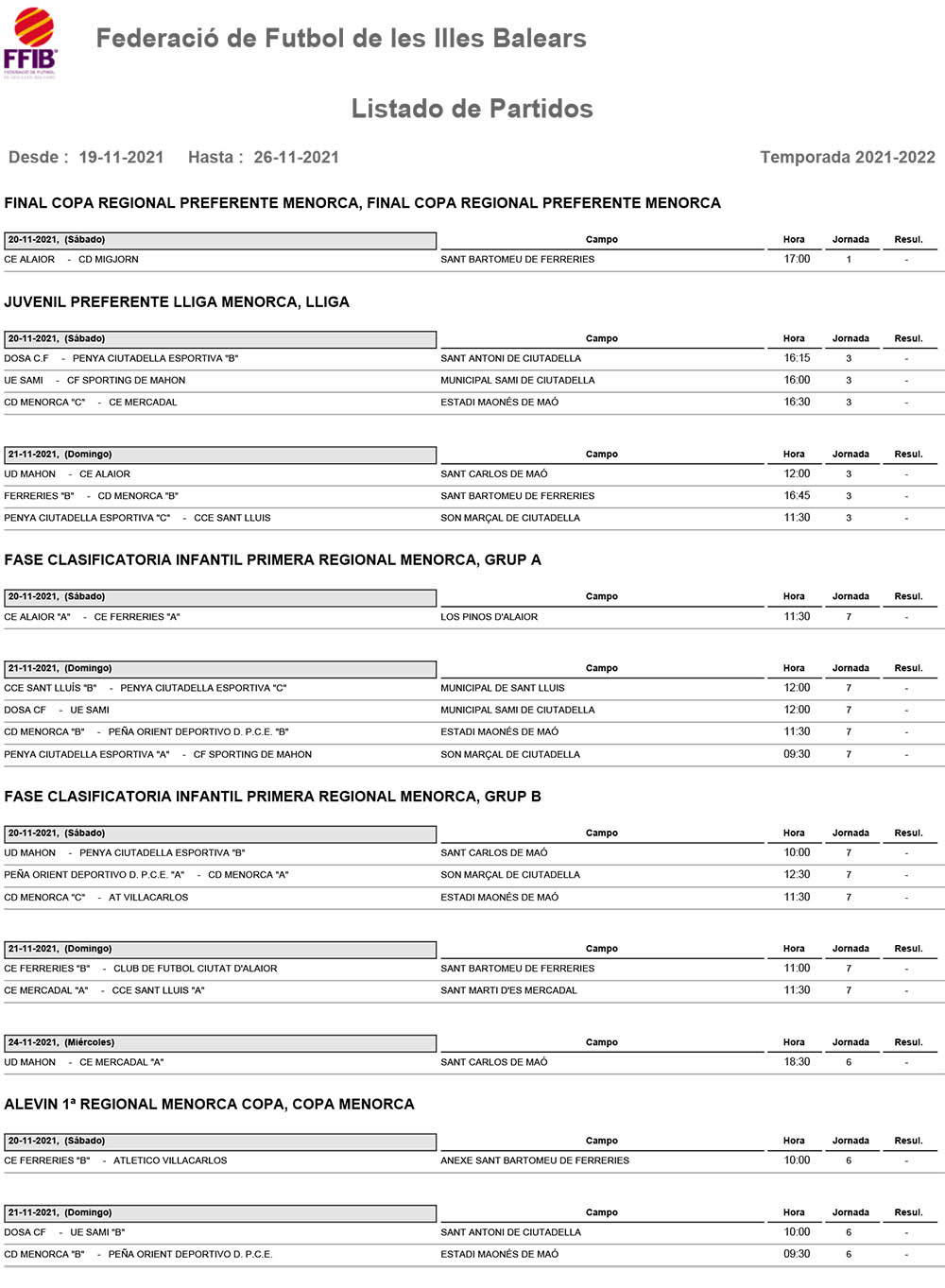 Horarios Futbol Menorca