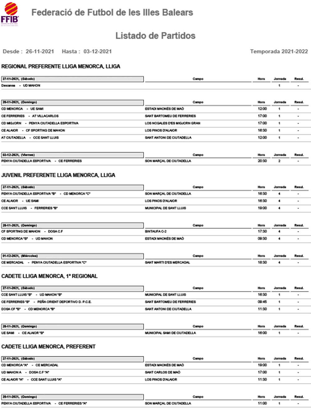 Horarios Futbol Menorca