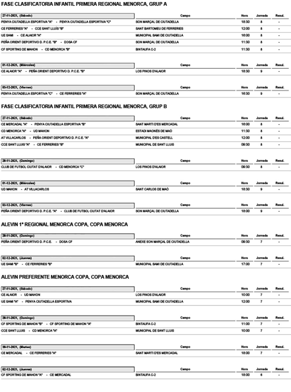 Horarios Futbol Menorca