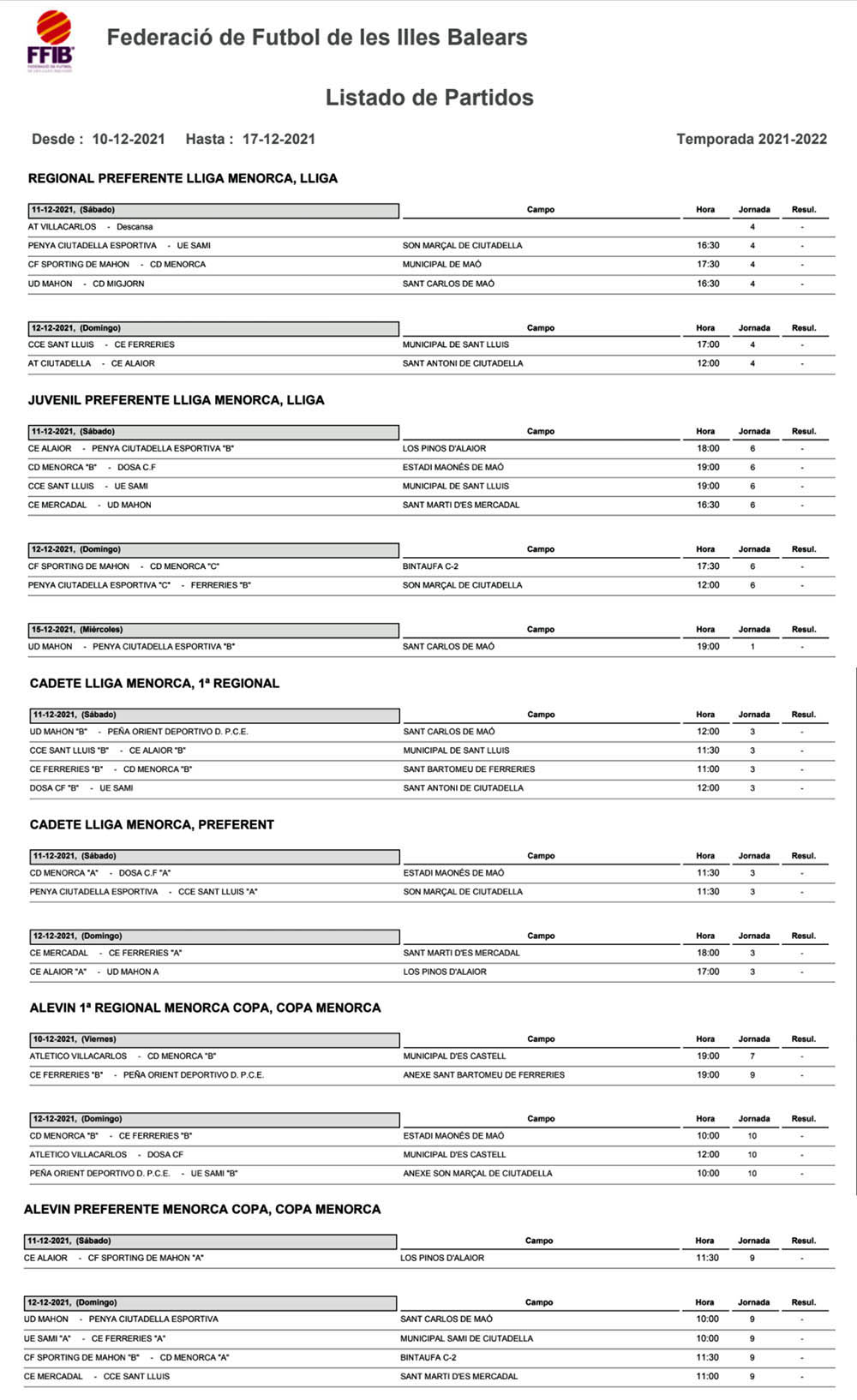 Horarios Futbol Menorca