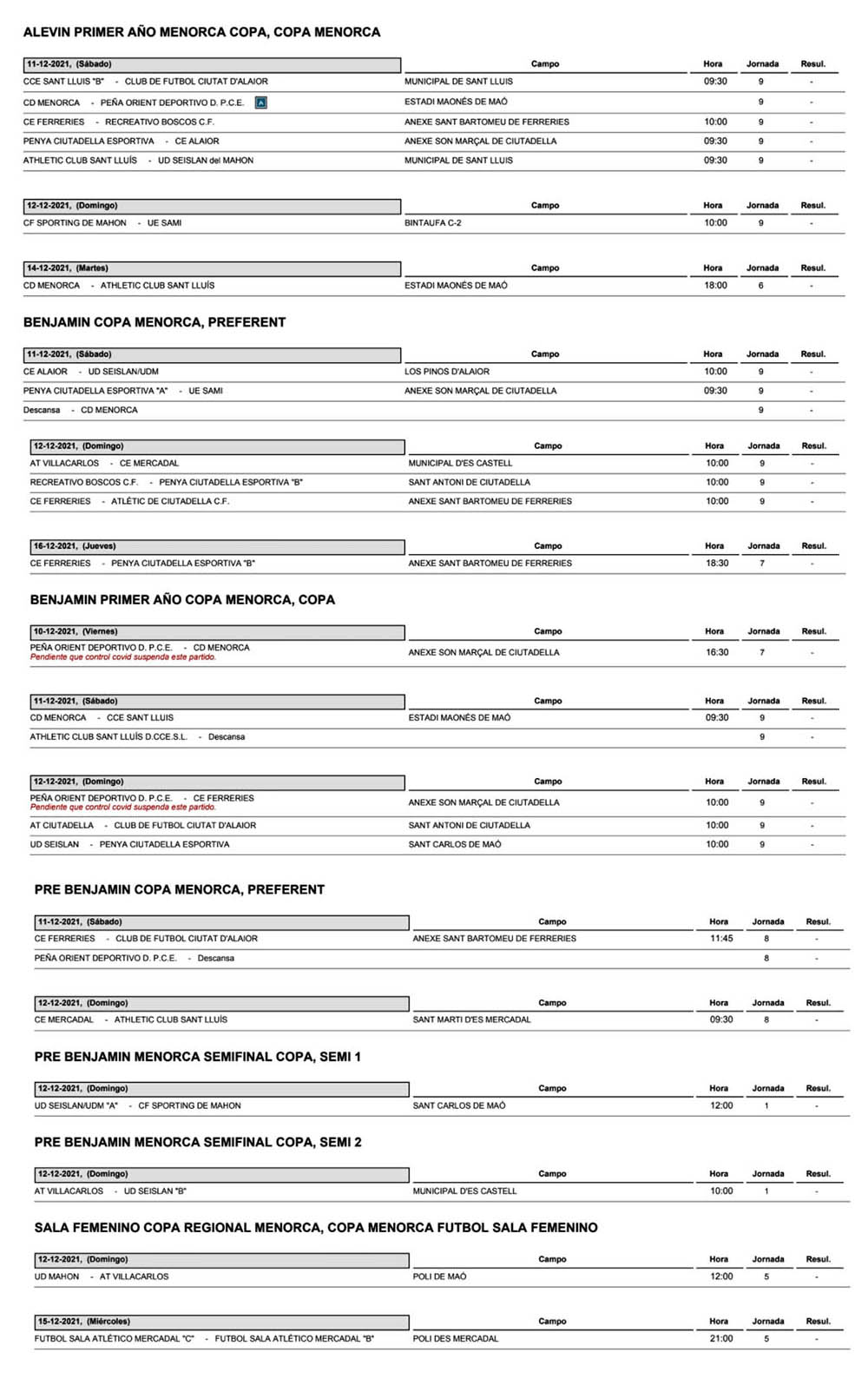Horarios Futbol Menorca