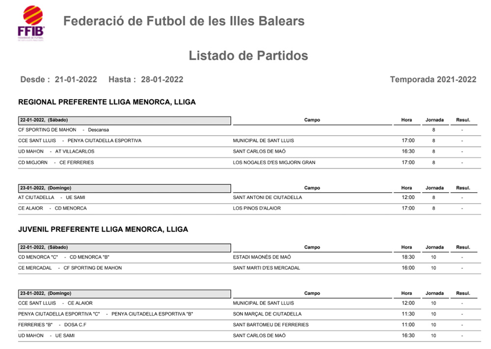 Horarios Futbol Menorca