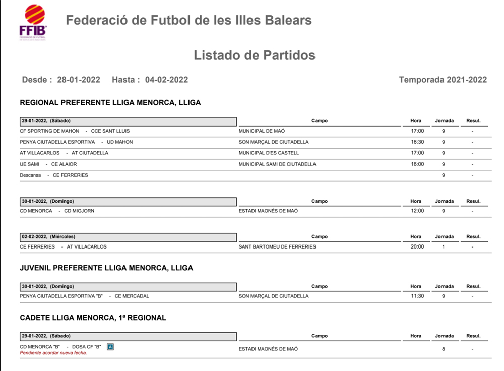 Horarios Futbol Menorca