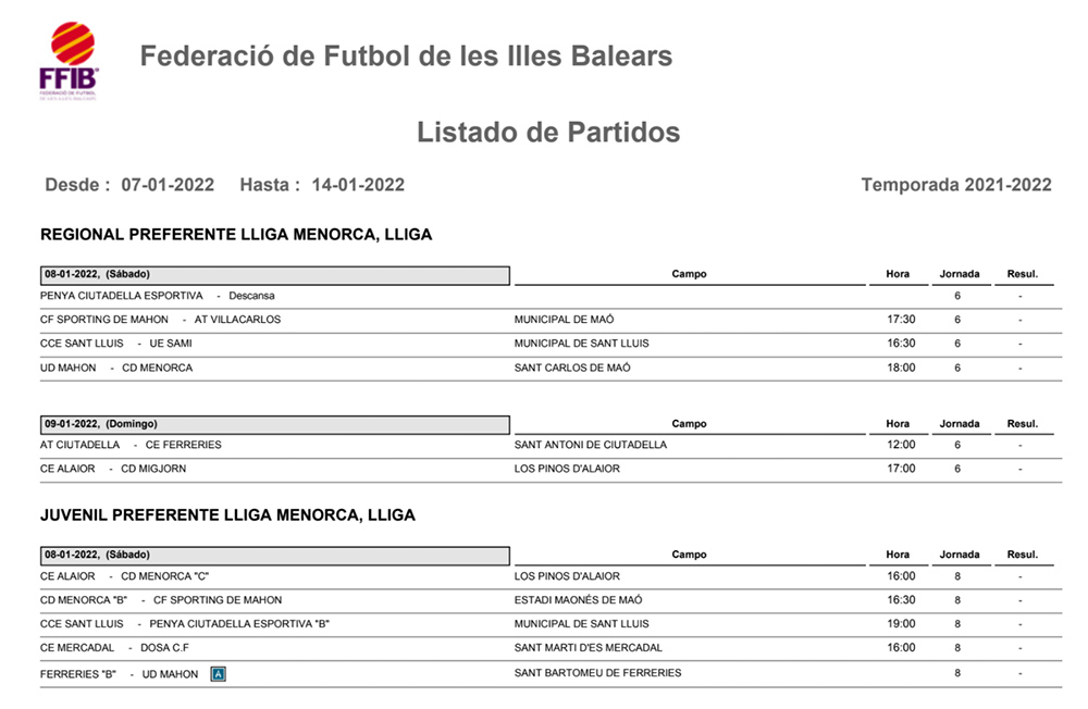 Horarios Futbol Menorca