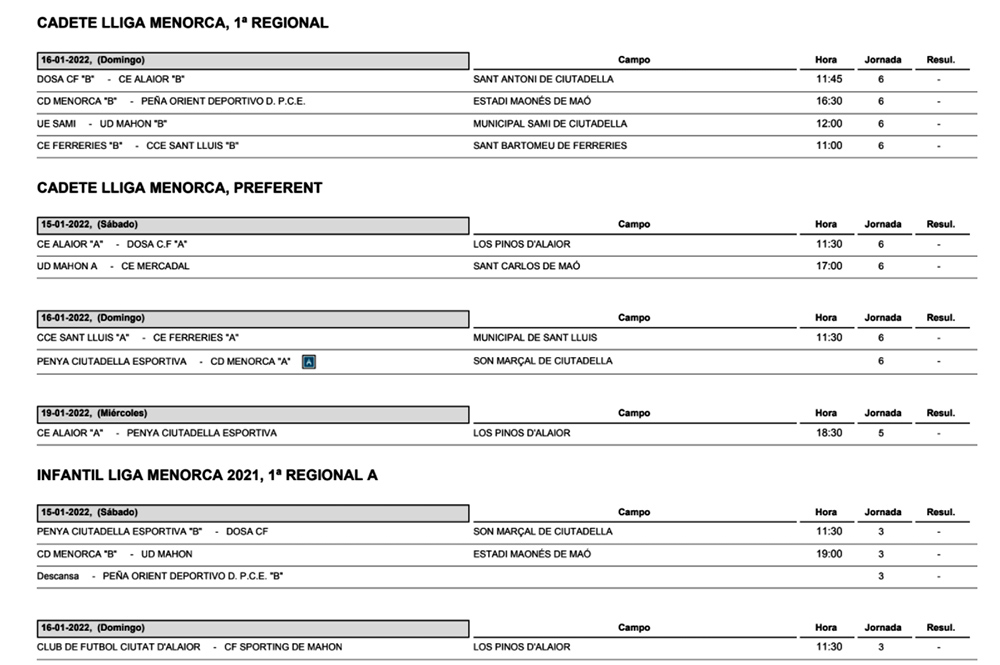 Horarios Futbol Menorca