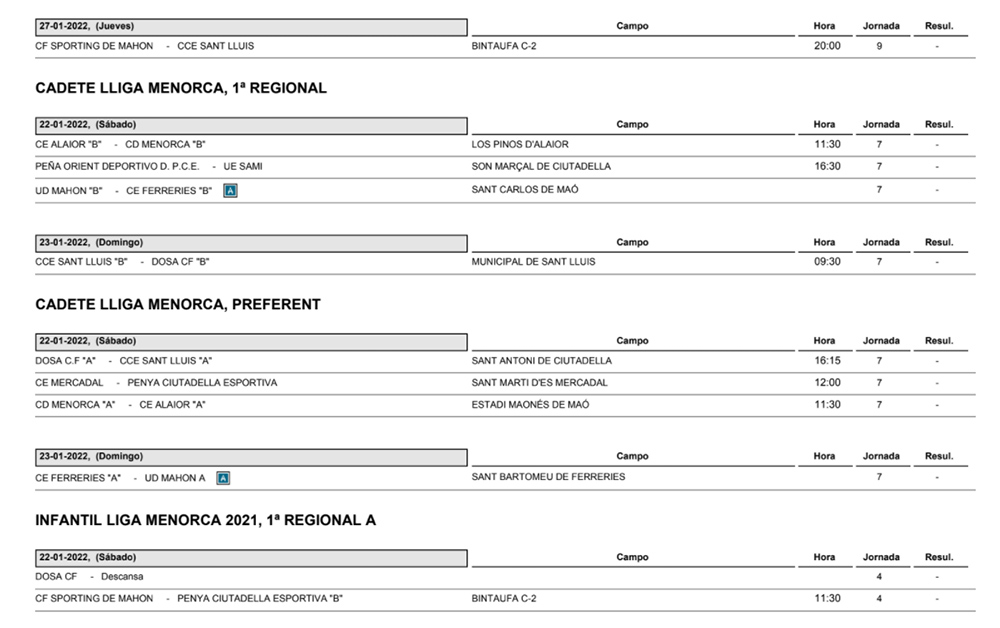 Horarios Futbol Menorca