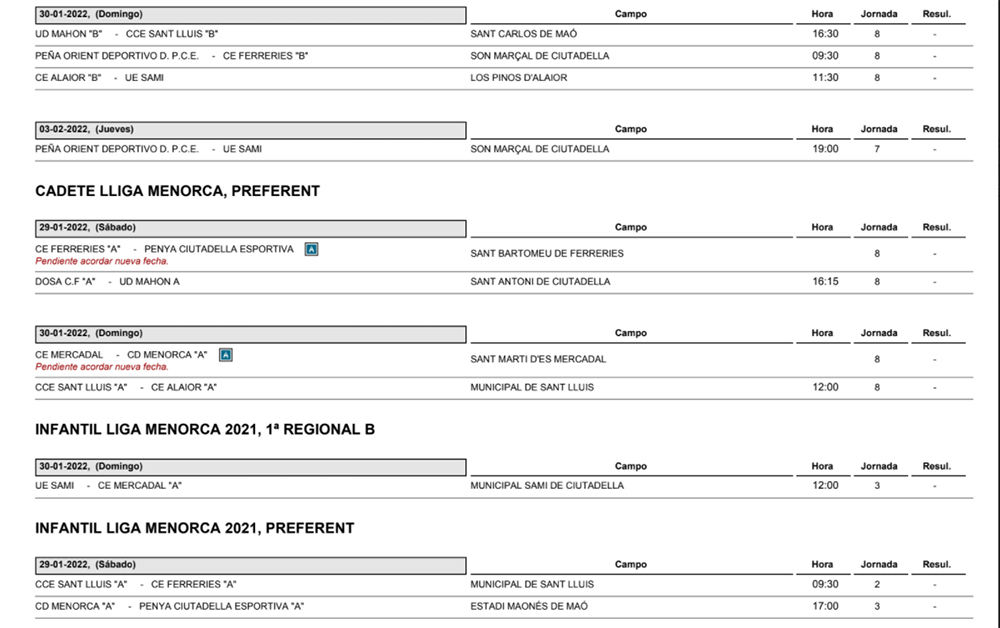 Horarios Futbol Menorca