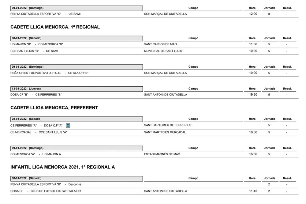 Horarios Futbol Menorca