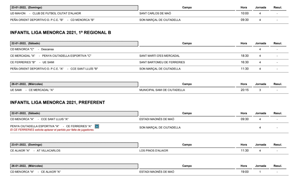 Horarios Futbol Menorca