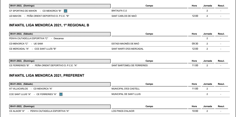 Horarios Futbol Menorca