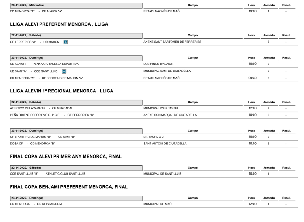 Horarios Futbol Menorca