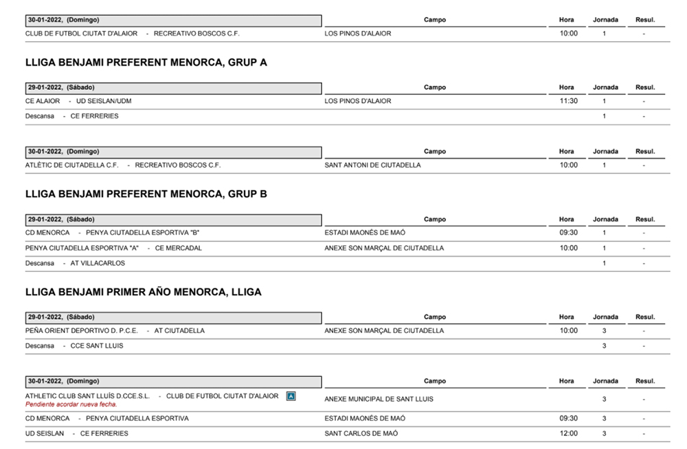 Horarios Futbol Menorca