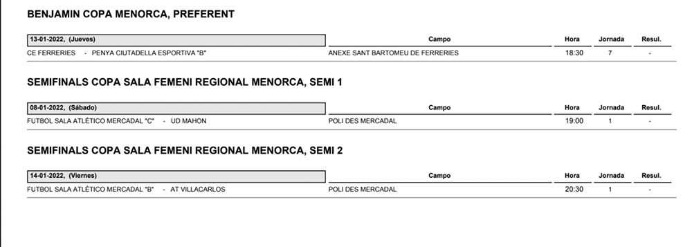 Horarios Futbol Menorca
