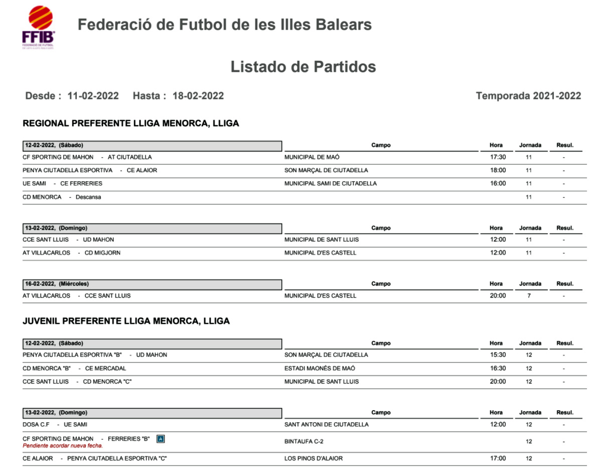 Horarios Futbol Menorca