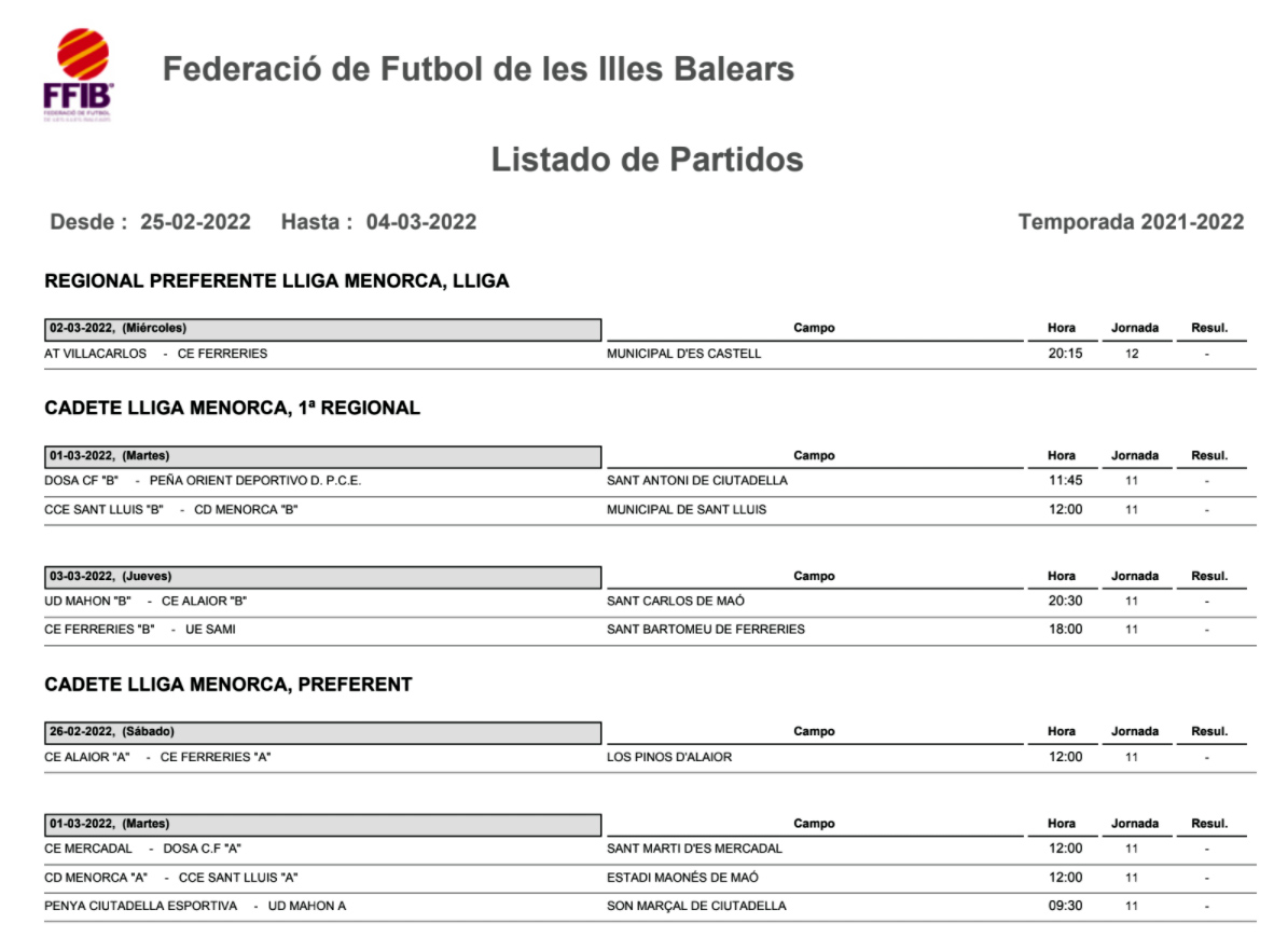 Horarios Futbol Menorca
