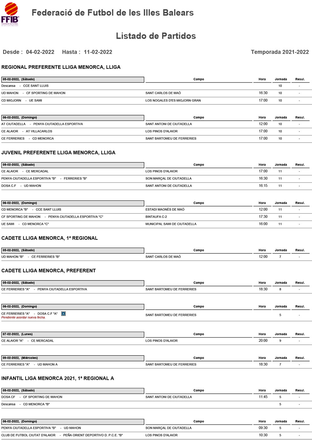 Horarios Futbol Menorca