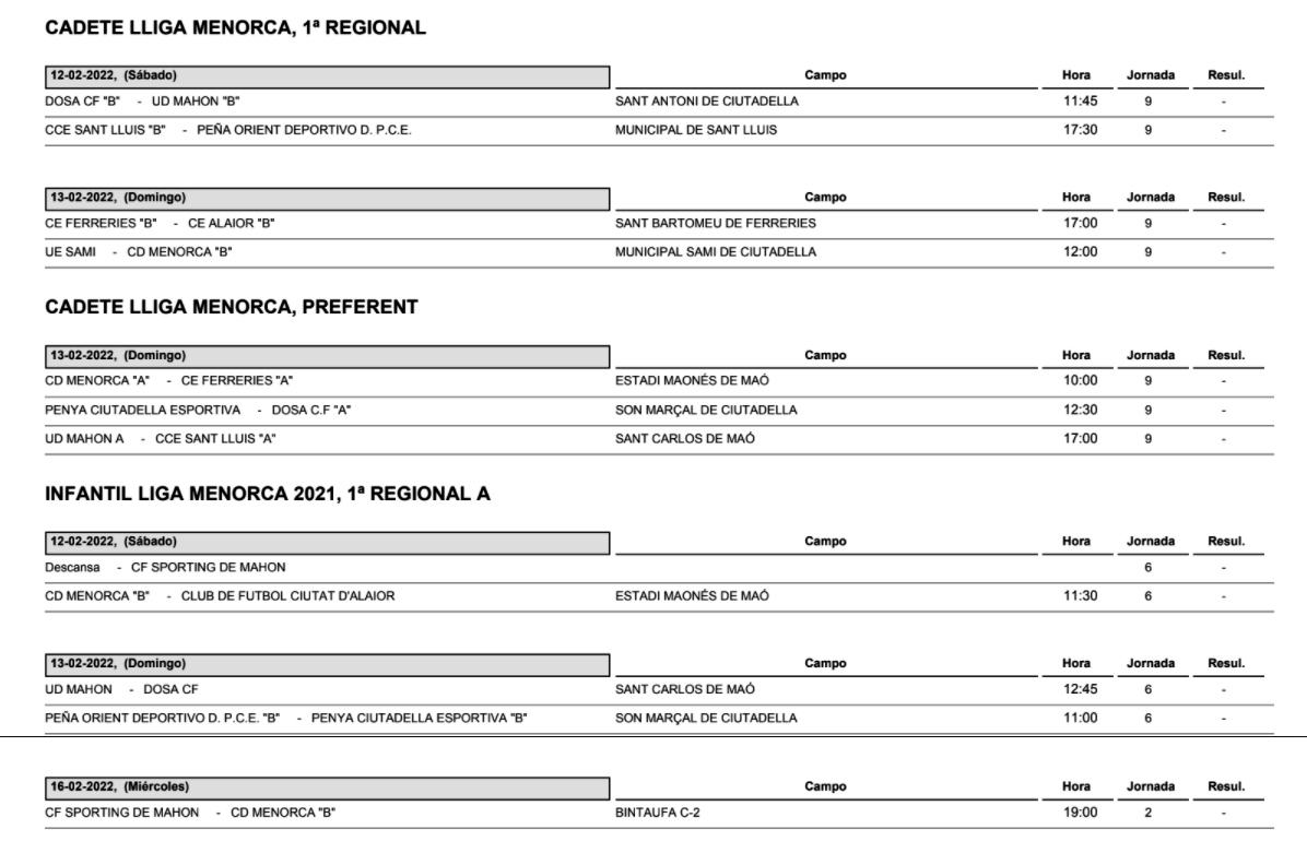 Horarios Futbol Menorca