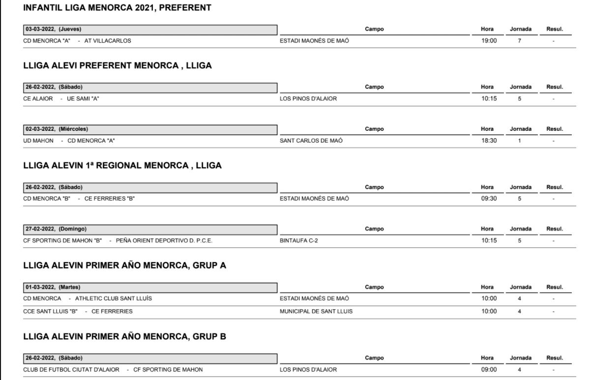 Horarios Futbol Menorca