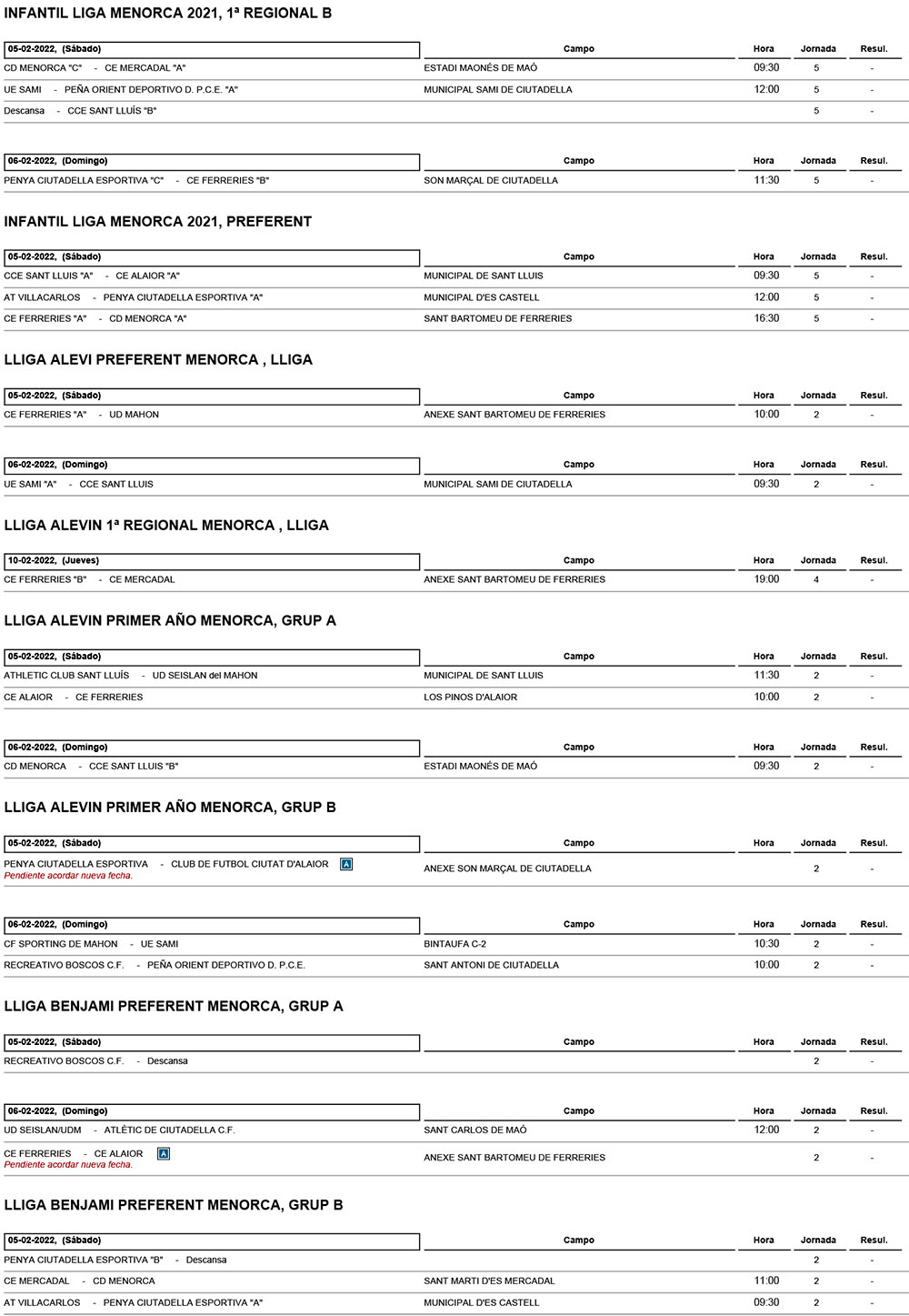Horarios Futbol Menorca