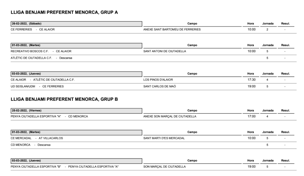 Horarios Futbol Menorca