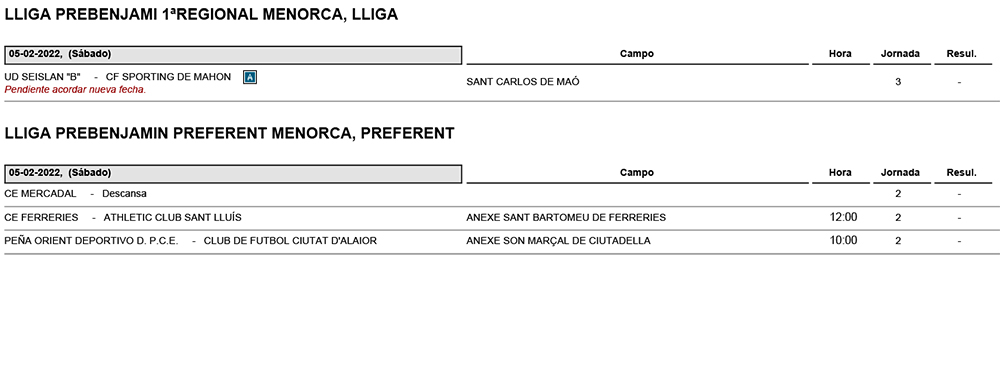 Horarios Futbol Menorca