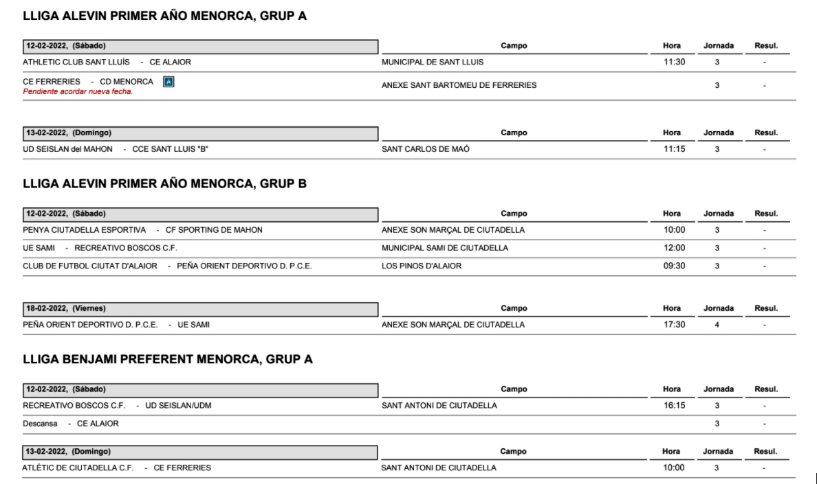Horarios Futbol Menorca