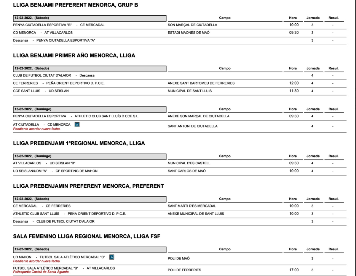 Horarios Futbol Menorca
