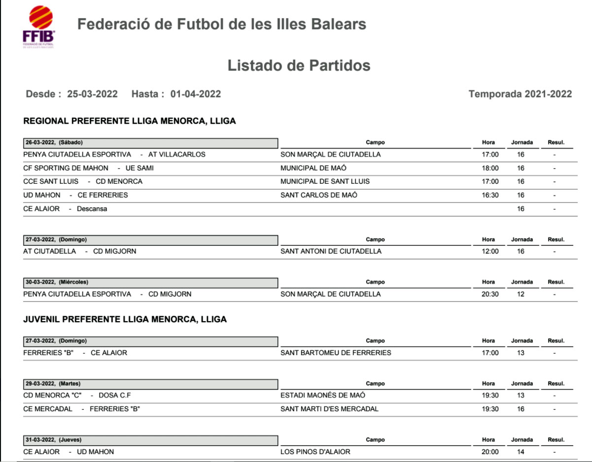 Horarios Futbol Menorca
