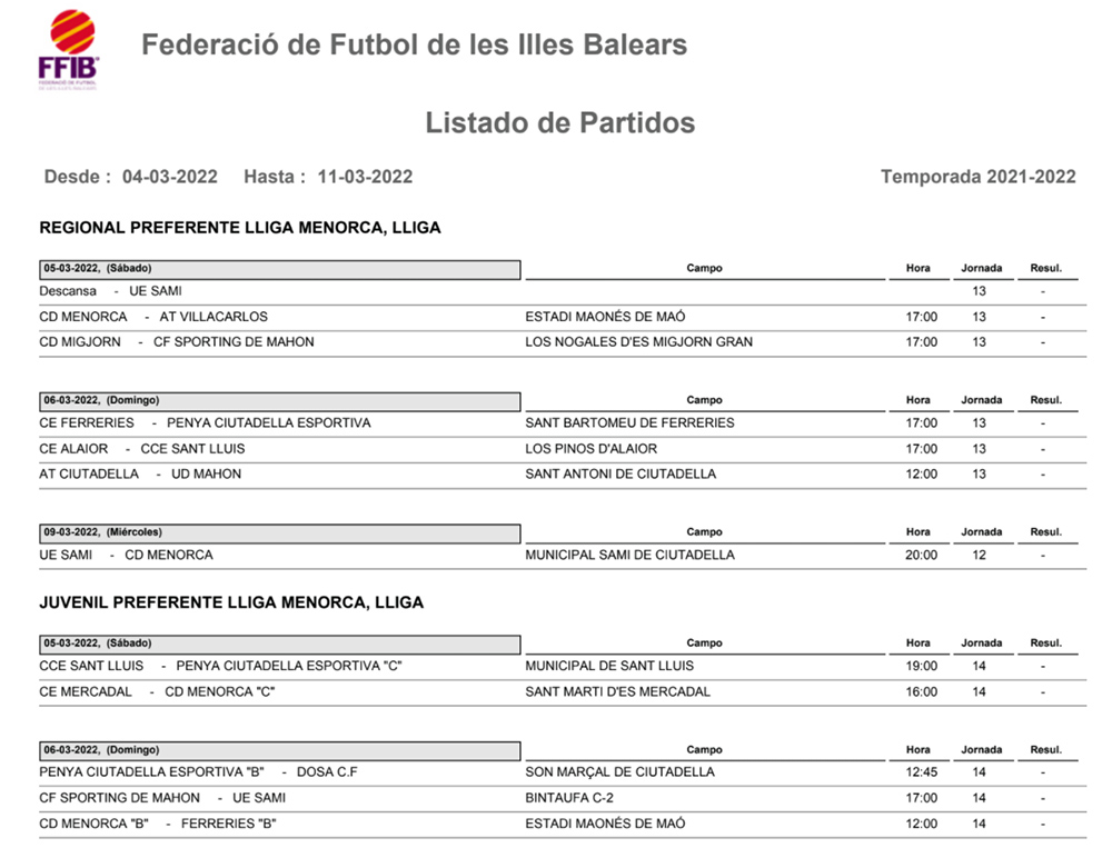 Horarios Futbol Menorca