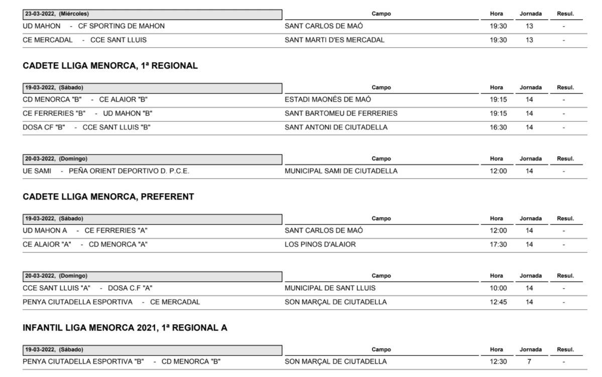 Horarios Futbol Menorca