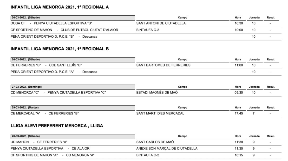 Horarios Futbol Menorca