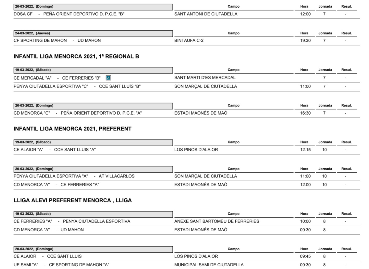 Horarios Futbol Menorca