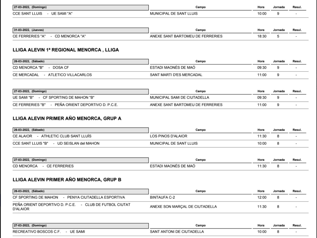 Horarios Futbol Menorca