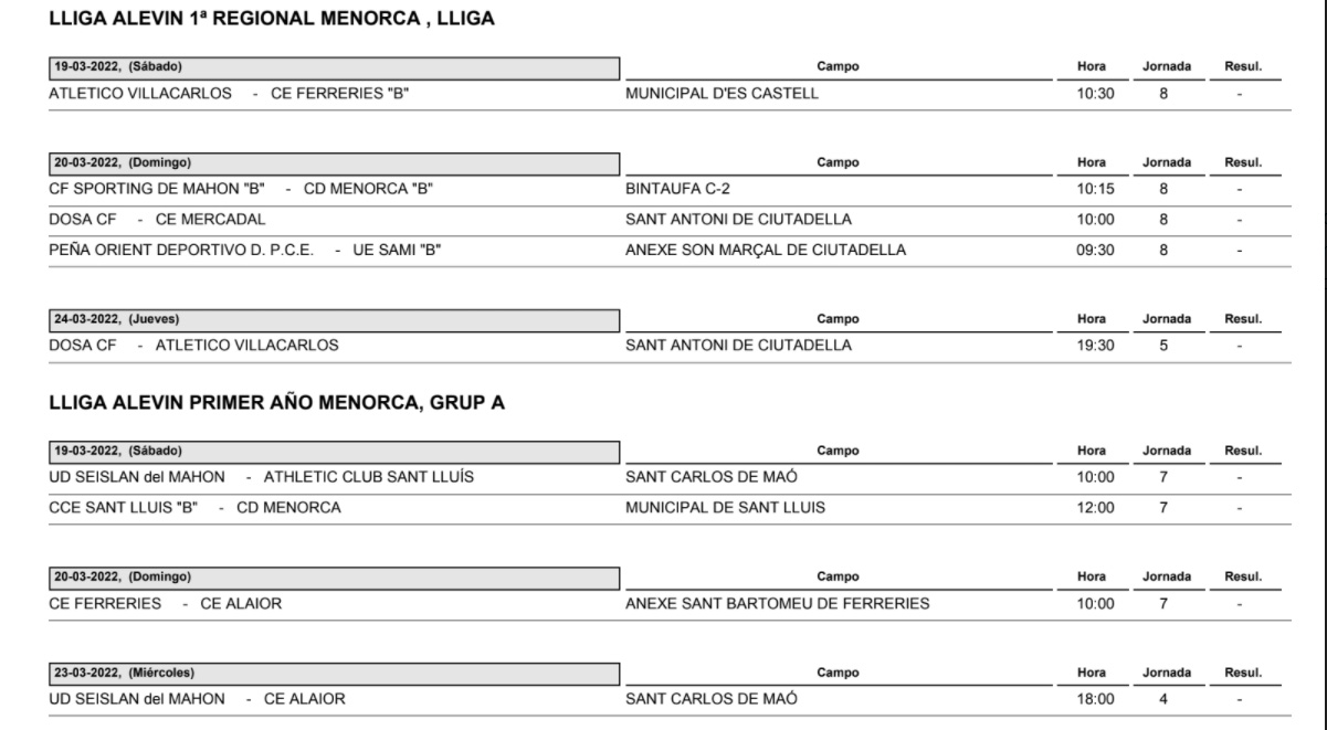 Horarios Futbol Menorca