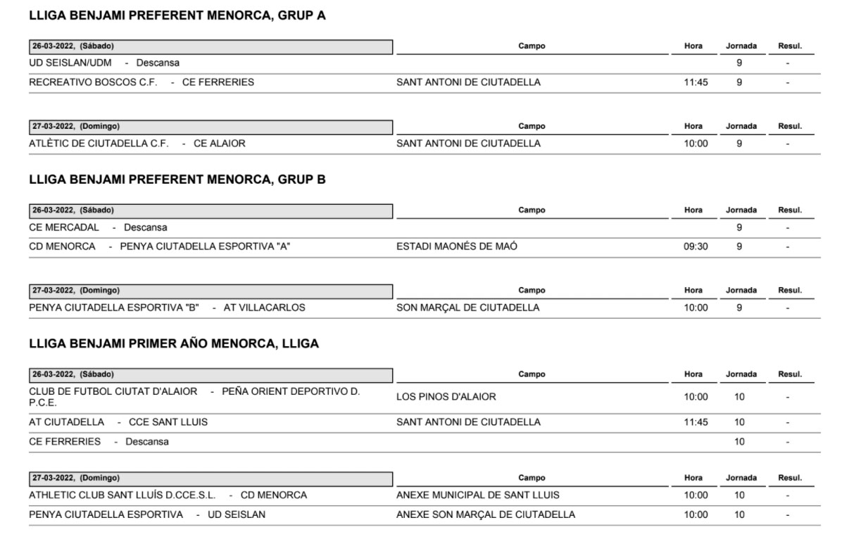 Horarios Futbol Menorca